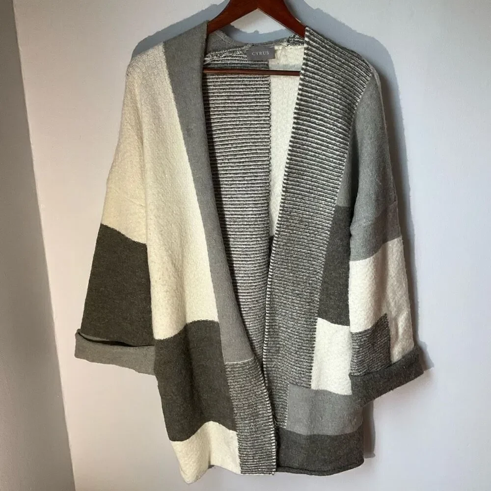 Cyrus Open Patchwork Coatigan/Sweater Coat. S. Grey and Cream Colorblock